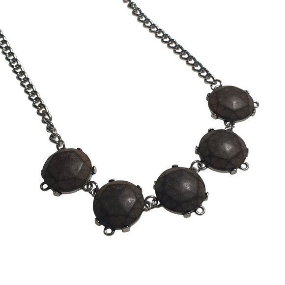 Faceted Round Stone Brown Statement Necklace Adjustable Chain Design Silver Tone - Picture 2 of 5